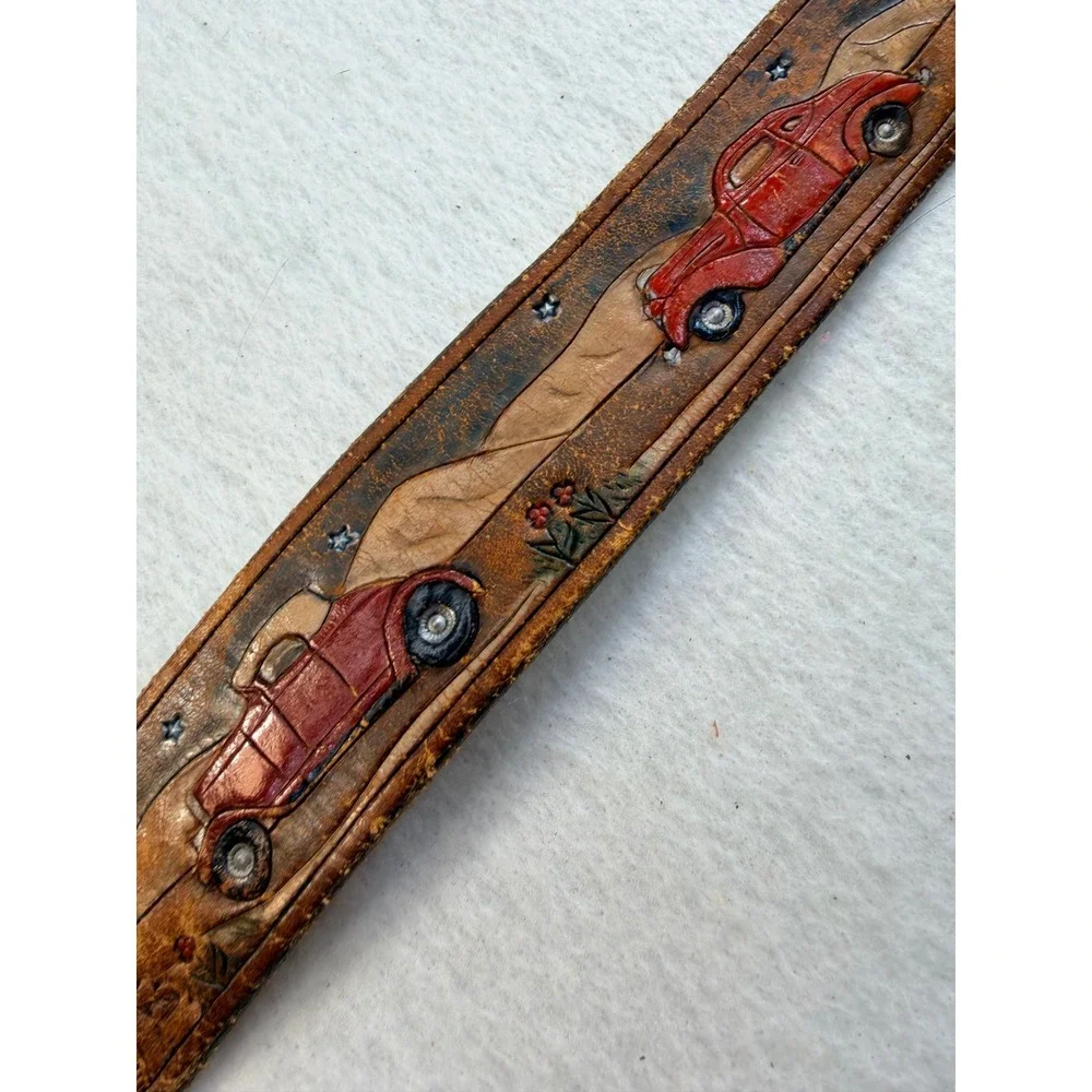 Vintage Hand Tooled Leather Belt Classic Cars Painted Personalize BOB Brown 1990
